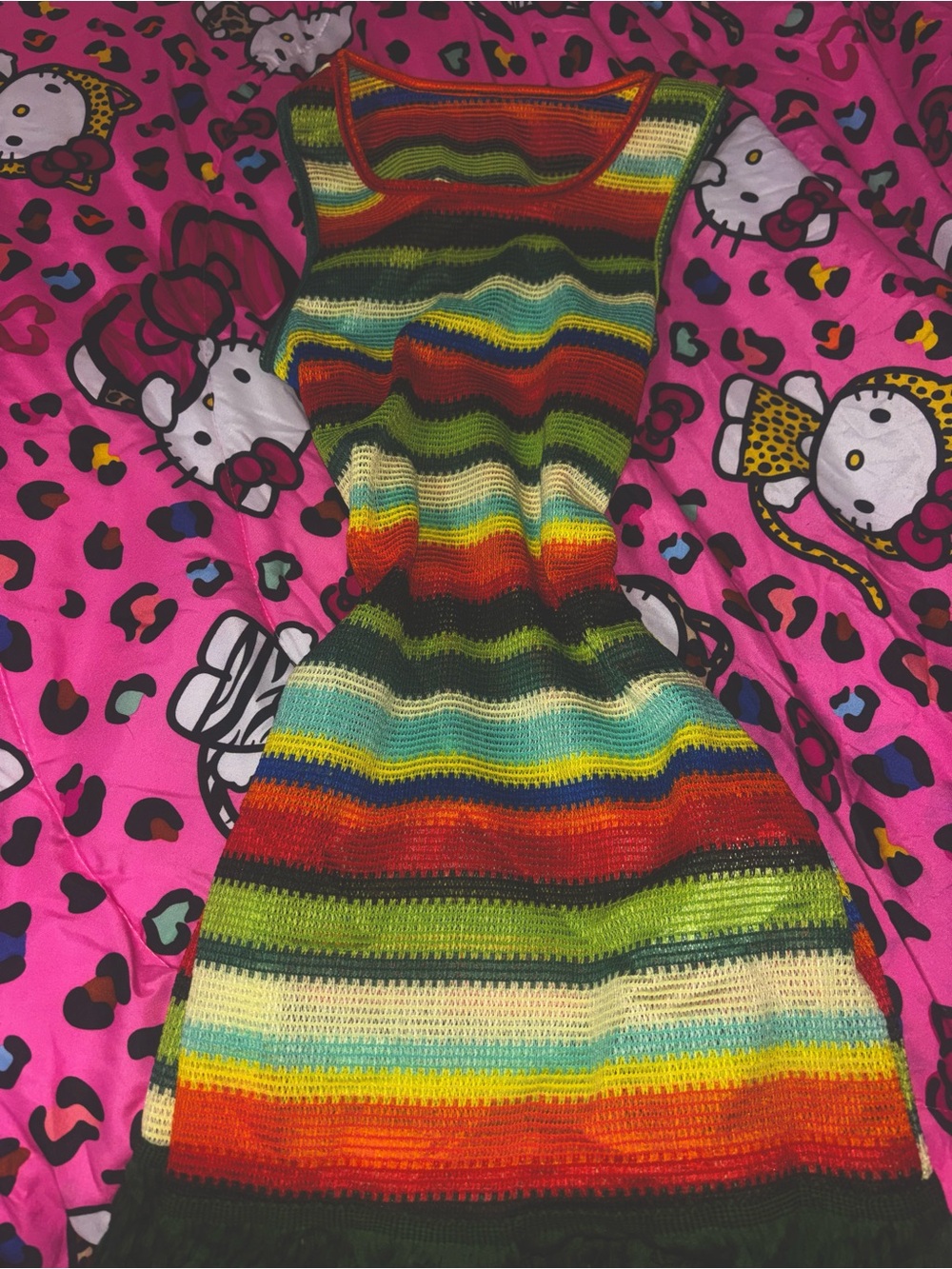 Striped Multicolor Crochet Swim Coverup Dress - Vibrant Green/Red/Yellow